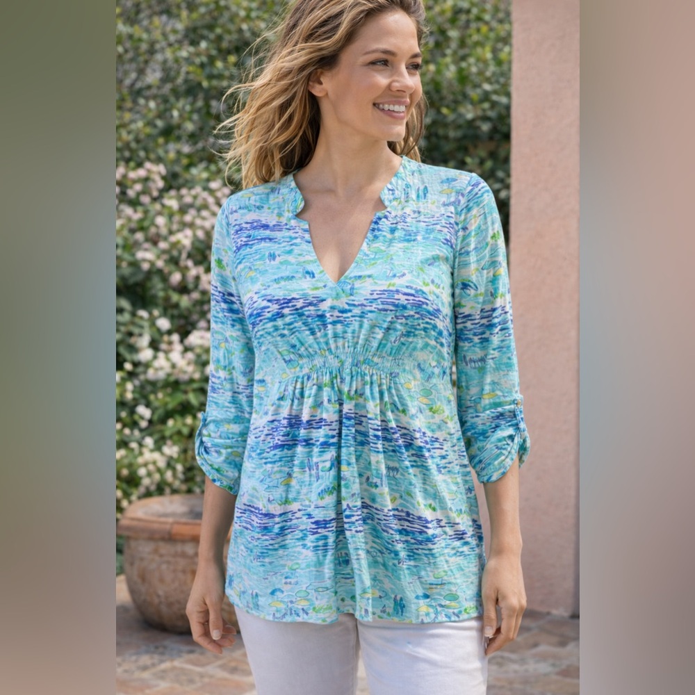 Lilly Pulitzer Beach Scene Print Tunic Top Aqua Blue Coastal‎ Resort Style Med